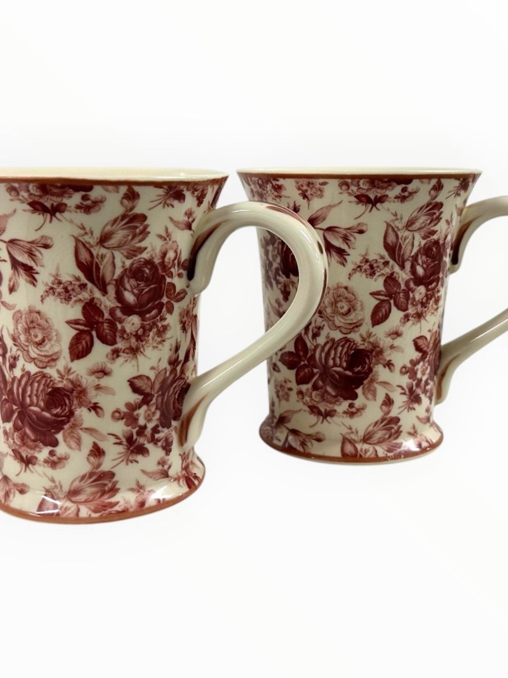 Harry & David Floral Toile Coffee Mugs Set of 2 Red Cream Ceramic China - Picture 2 of 11